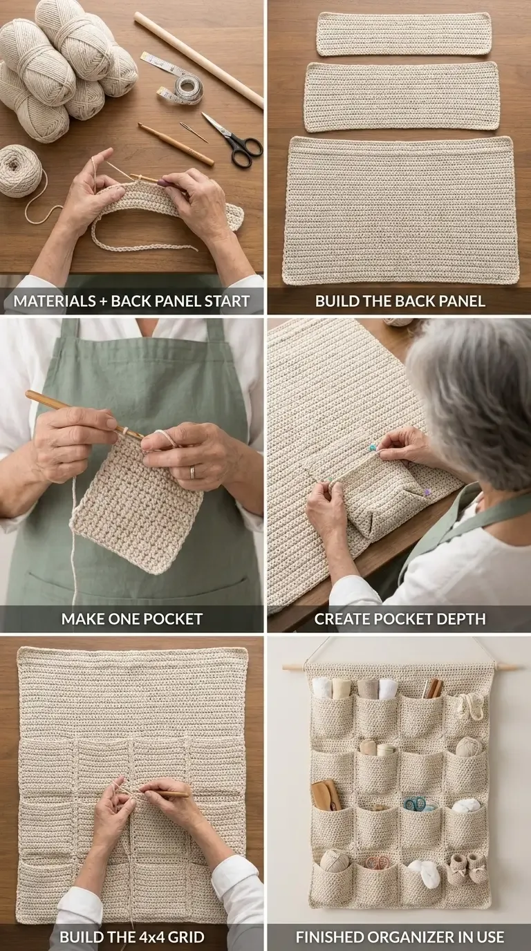HookElla construction guide showing the backing panel, pocket fronts, lower-corner pleats, 4 by 4 placement grid, reinforced top, and finished organizer