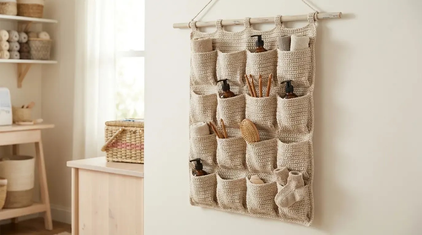 Neutral crochet wall organizer hanging from a wooden dowel with sixteen pockets filled with craft and household supplies