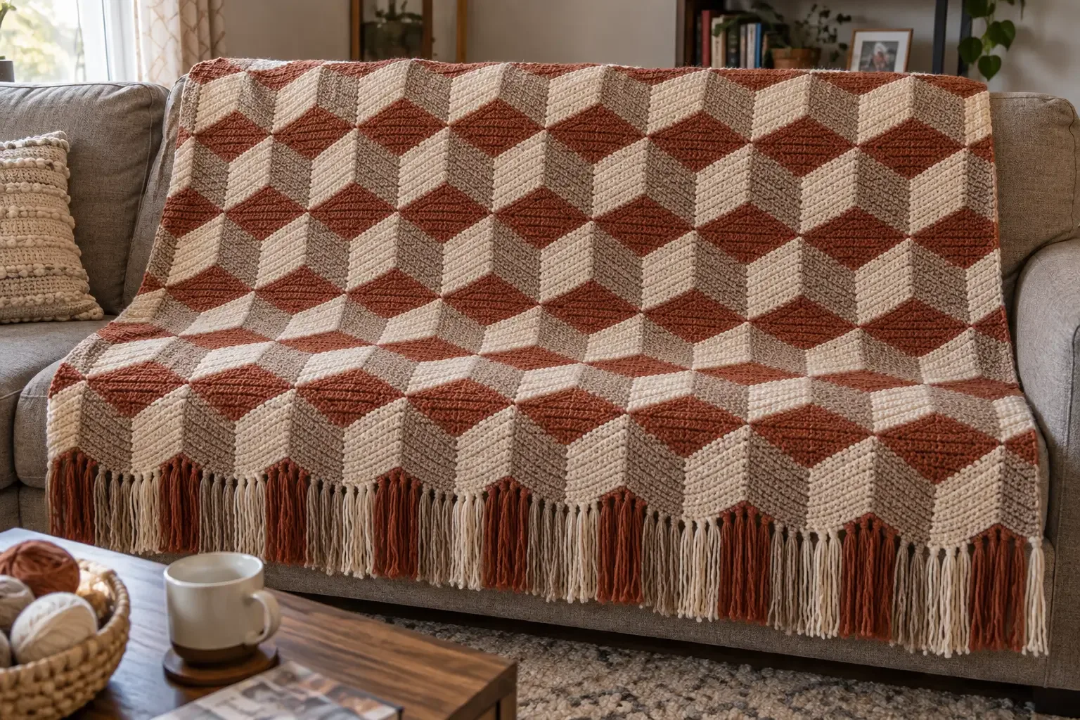 Rust, warm taupe, and creamy ivory 3D crochet cube blanket draped over a neutral sofa with coordinated fringe along the lower edge