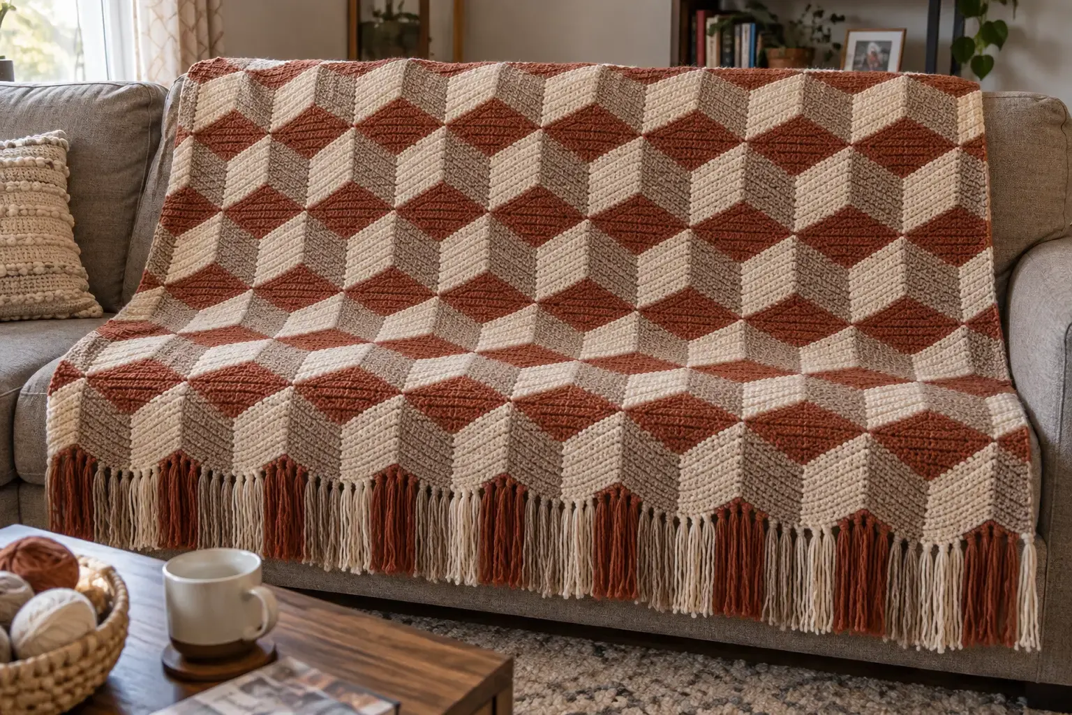 Rust, warm taupe, and creamy ivory 3D crochet cube blanket draped over a neutral sofa with coordinated fringe along the lower edge
