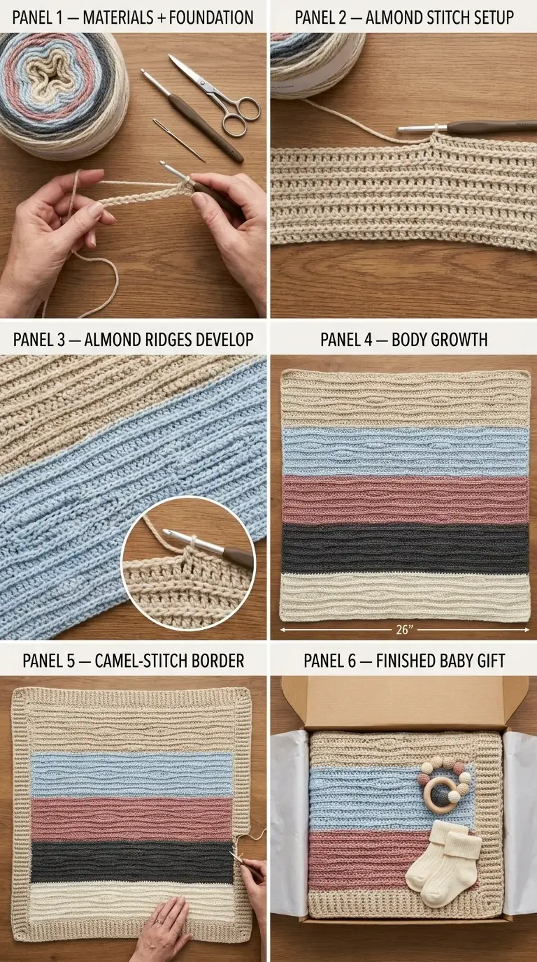 HookElla construction guide showing the DK foundation, Almond Stitch ridges, striped body, Baby-size measurements, camel-stitch border, and finished gift styling