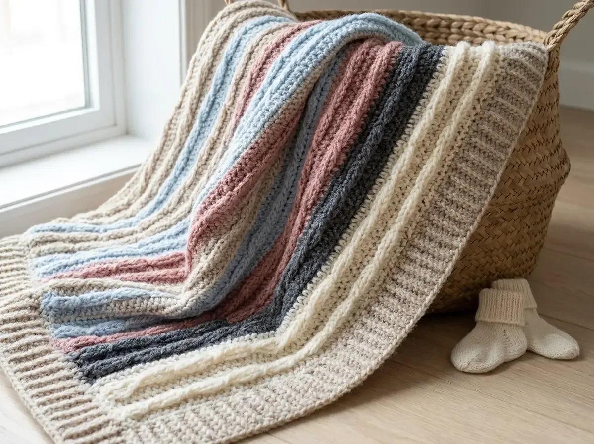 Almond Stitch Preemie or Baby crochet blanket in cream, dusty pink, pale blue, and charcoal stripes draped over a woven basket beside baby socks