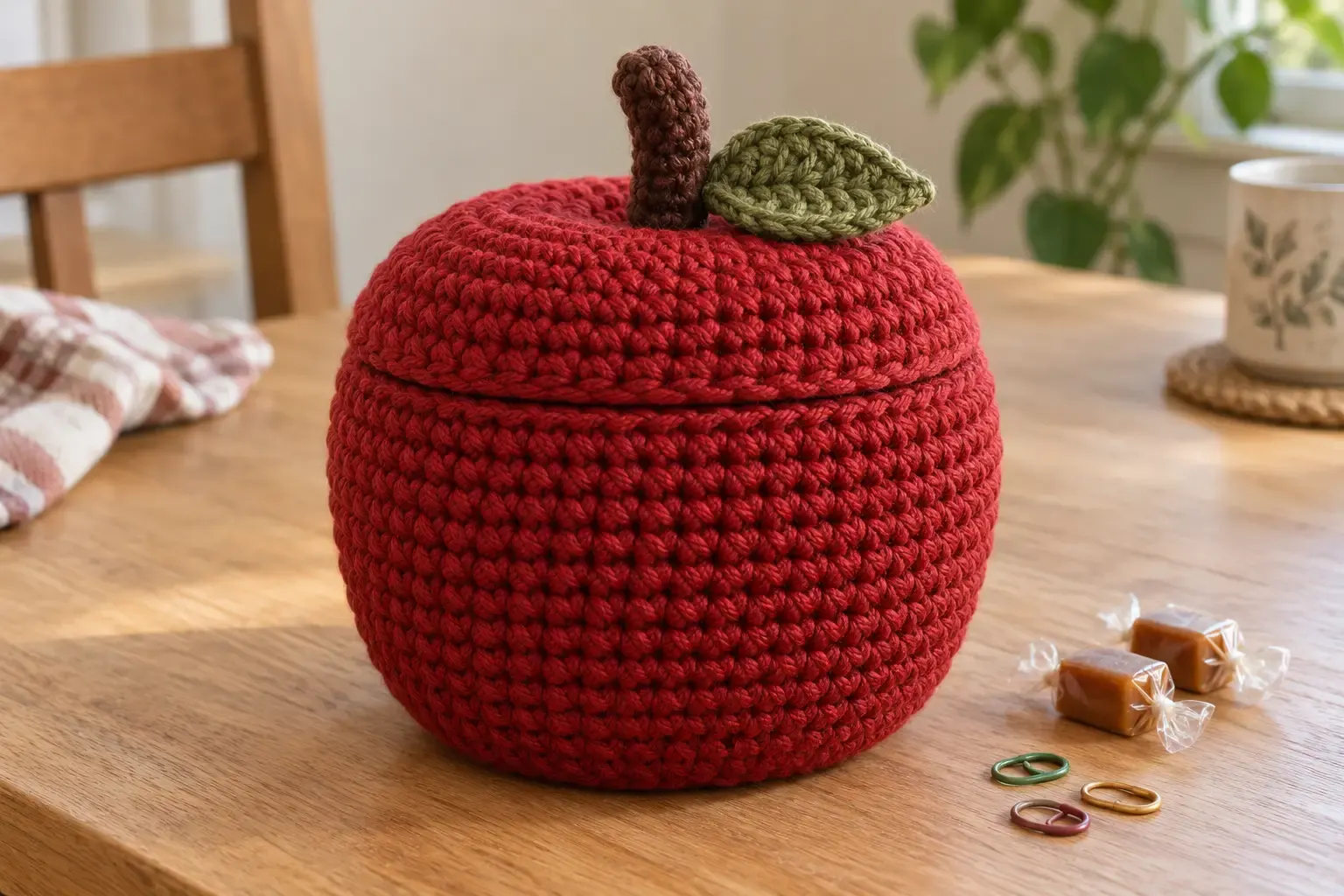 Rich red crochet apple basket with a removable lid, brown stem, and olive leaf on a wooden table