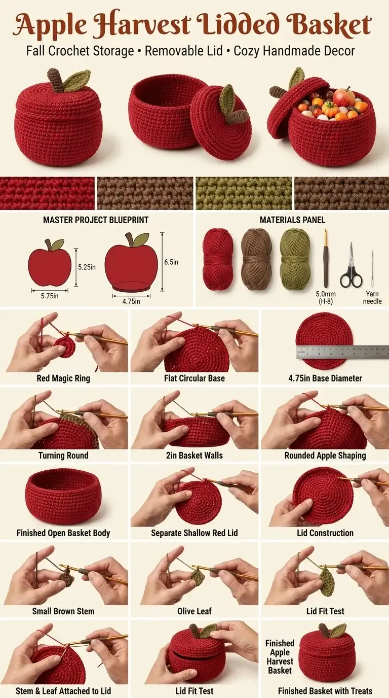 Construction guide for the apple harvest lidded basket showing the circular base, shaped body, lid, stem, leaf, fit test, and finished basket