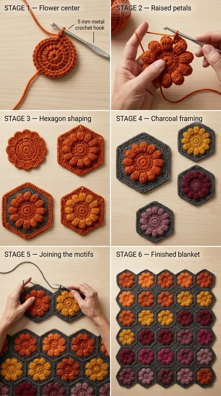 HookElla six-stage construction guide showing a flower center, raised petals, hexagon shaping, charcoal framing, motif joining, and the finished autumn blanket