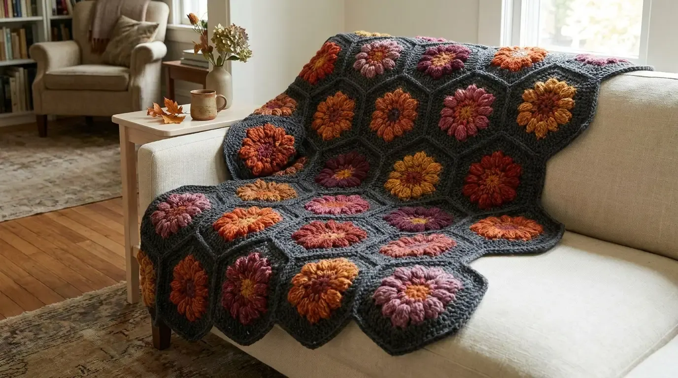 Autumn crochet blanket draped over a sofa, made from charcoal-framed hexagons with raised flowers in rust, orange, gold, burgundy, and mauve