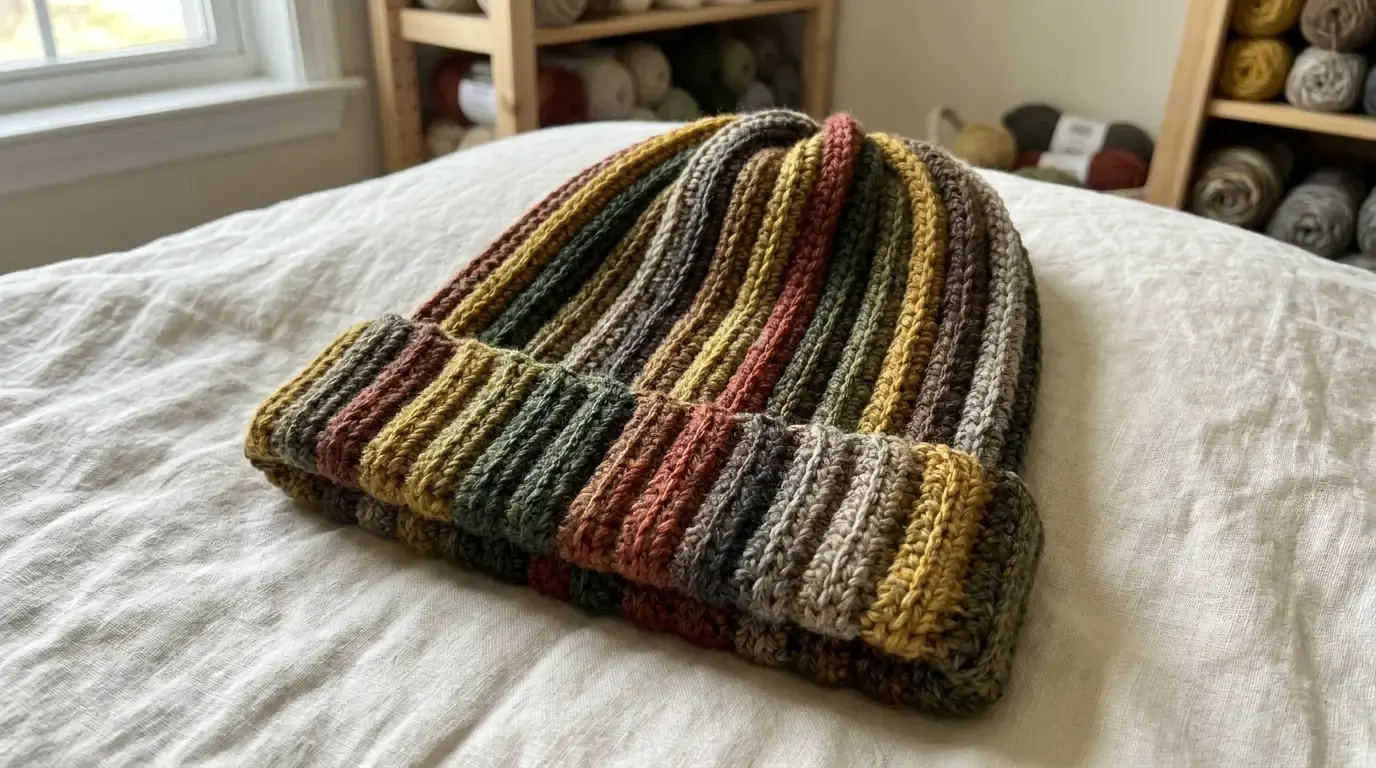 Autumn-colored crochet beanie with pronounced vertical ribs, a softly gathered crown, and a deep folded cuff displayed on a pale quilt