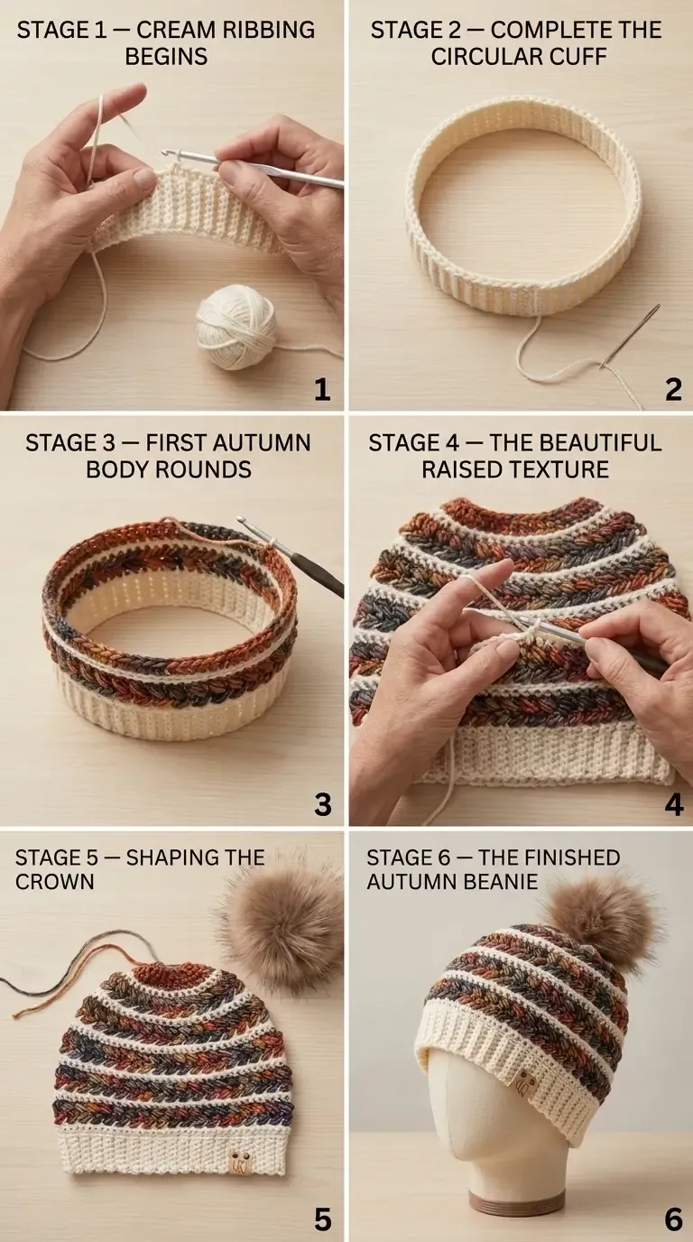 Six construction stages for the autumn grain crochet beanie: cream ribbing is joined into a circular cuff, autumn body rounds build the raised texture with cream separators, then the crown is shaped and finished with a taupe pom-pom