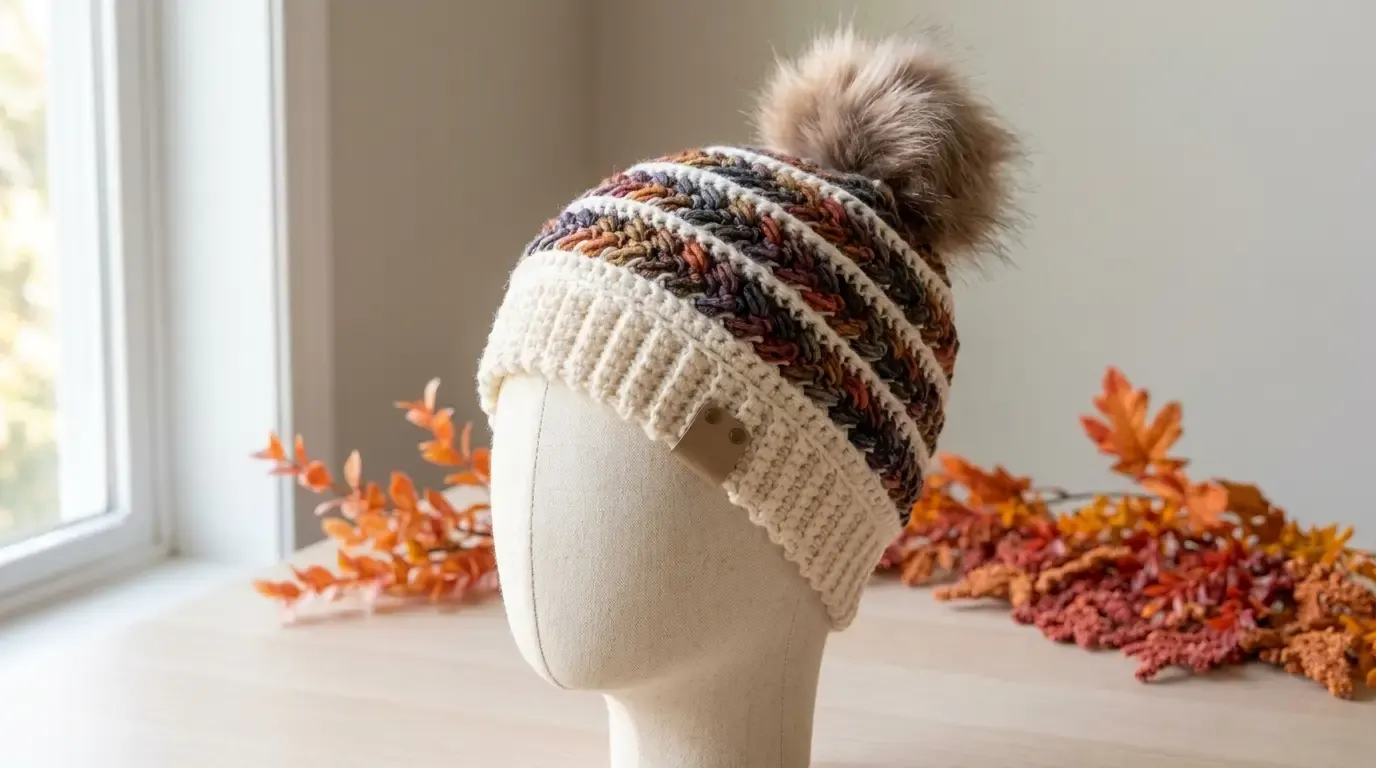 Autumn-toned crochet beanie with compact raised texture, a deep cream folded ribbed cuff, and a taupe faux-fur pom-pom