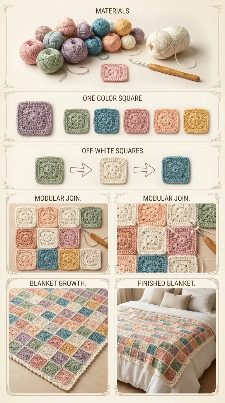 HookElla construction overview showing tiny solid granny squares, alternating cream squares, modular joining, blanket growth, and the finished Battenberg border