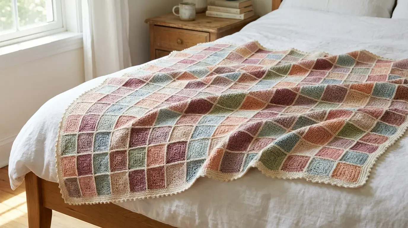 Pastel Battenberg crochet blanket made from tiny granny squares draped across a bed with cream joins and a delicate scalloped edge