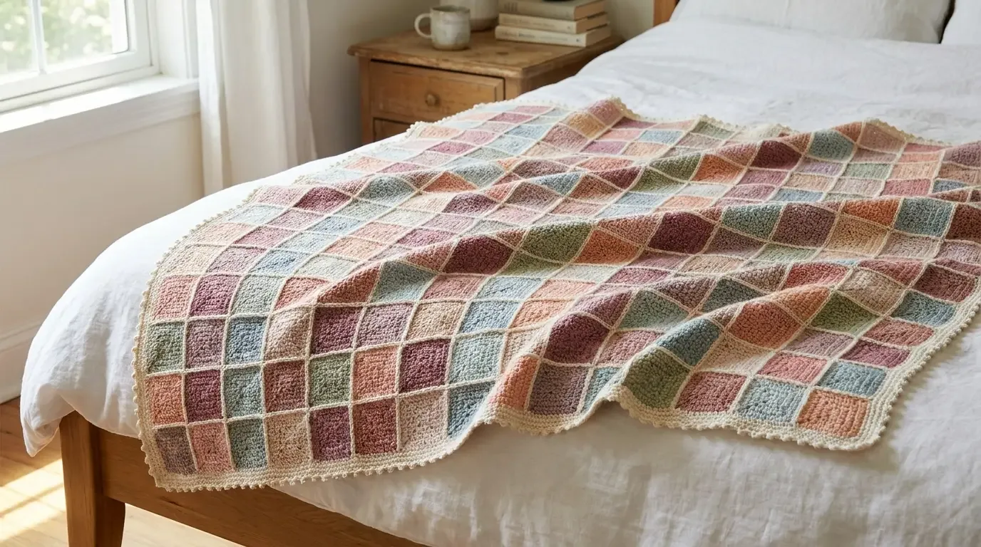 Pastel Battenberg crochet blanket made from tiny granny squares draped across a bed with cream joins and a delicate scalloped edge
