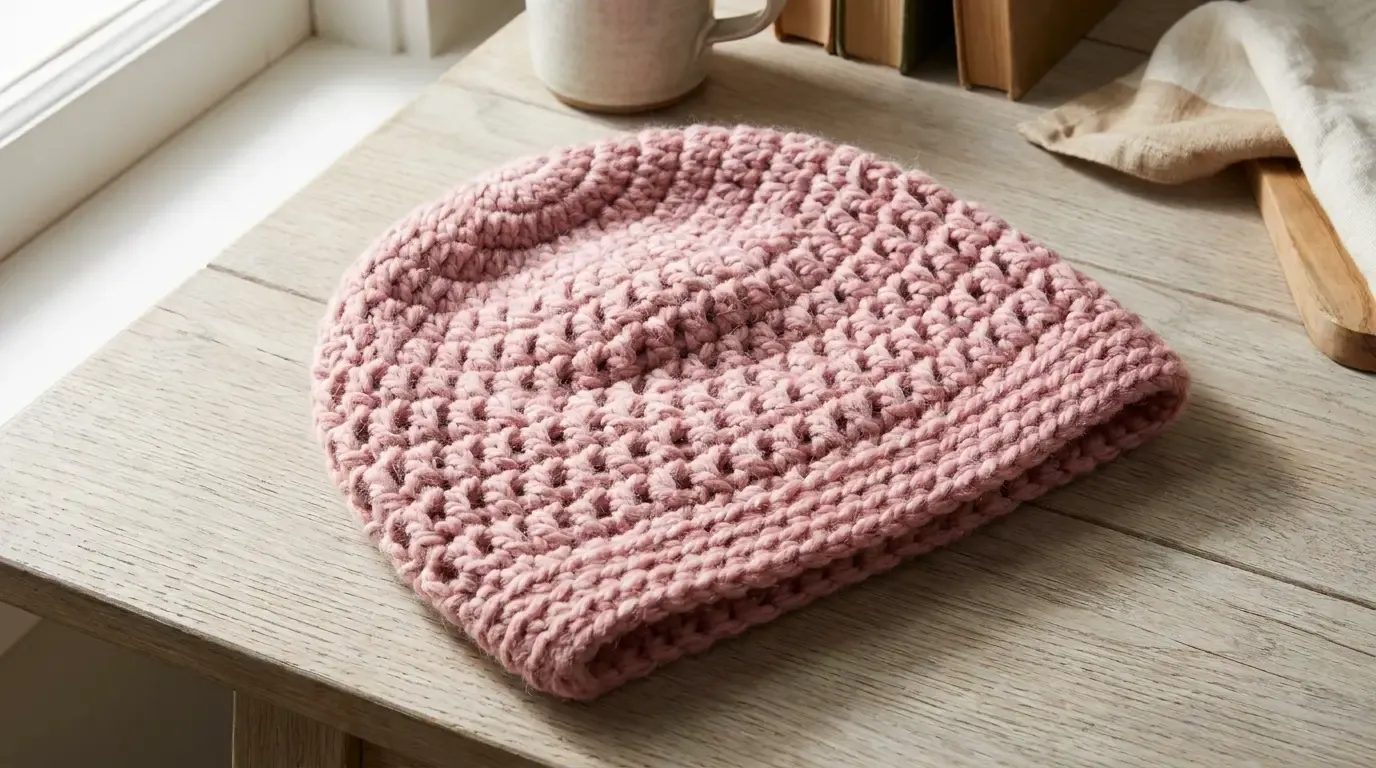 Chunky blossom-pink crochet beanie with a moss-stitch body and narrow ridged edge resting on a light wooden table