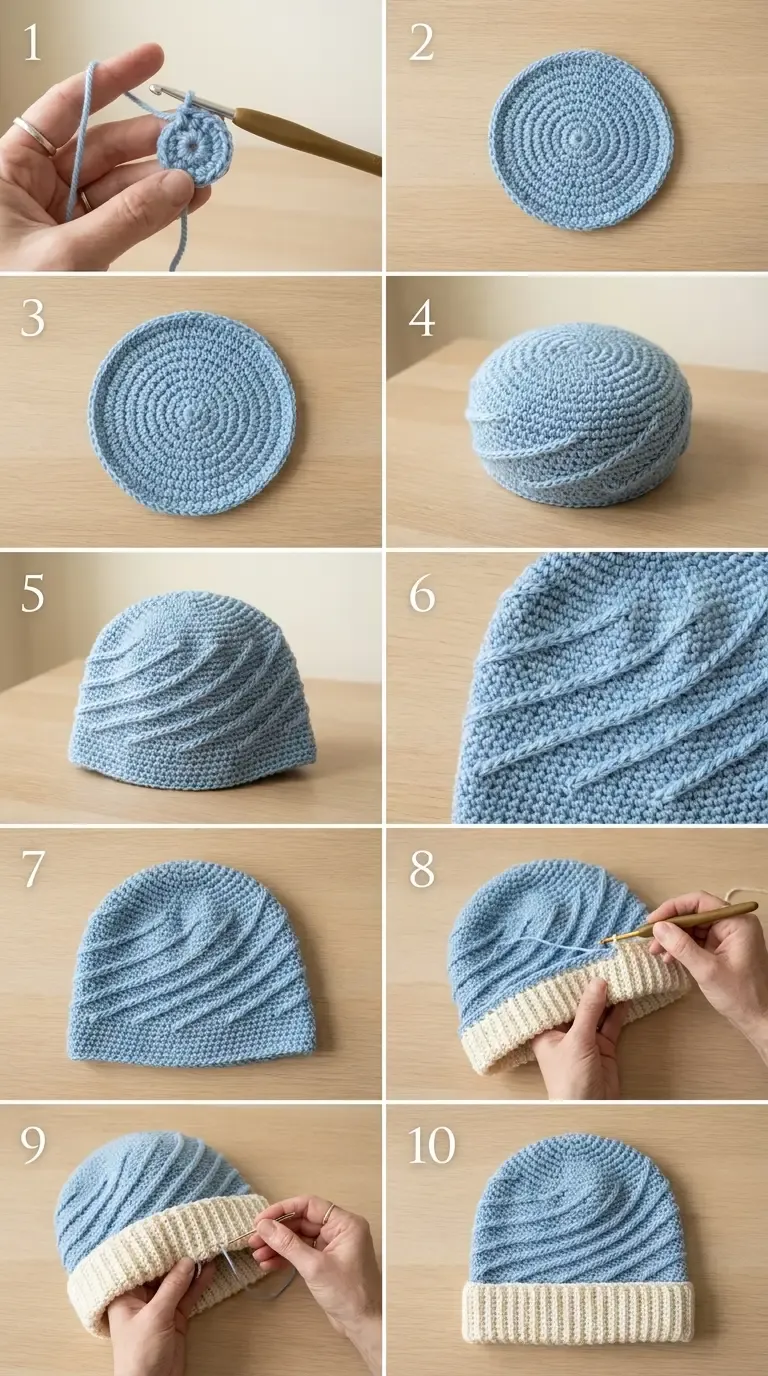 Ten numbered construction milestones for the blue spiral-ridge crochet beanie, including its crown, textured body, and separately attached cream cuff