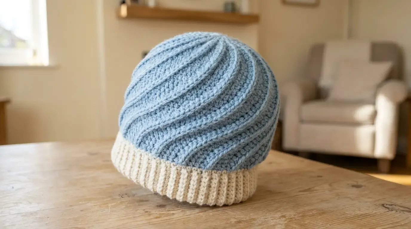 Winter-blue crochet beanie with diagonal raised spiral ridges and a cream vertical-ribbed cuff, displayed on a wooden table