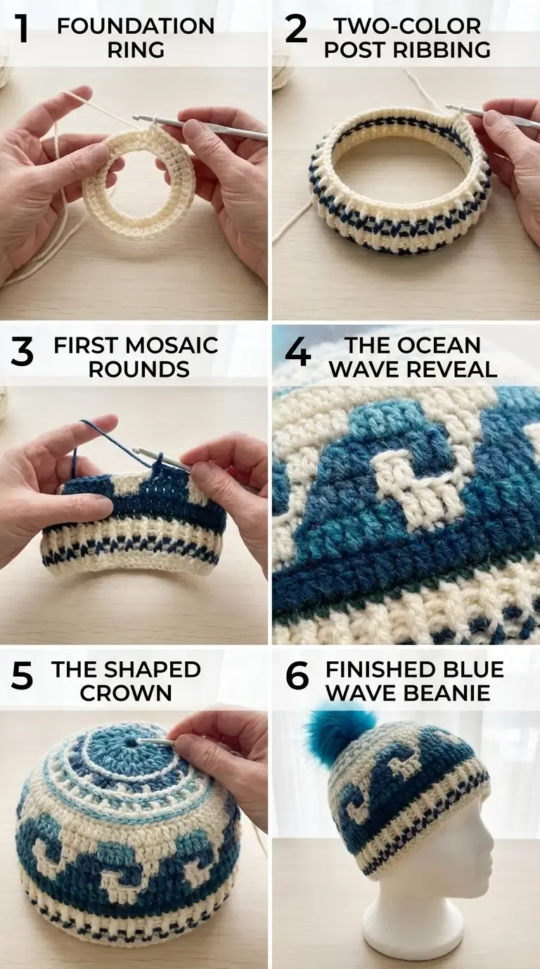 Six-stage construction guide for a cream-and-blue overlay mosaic crochet hat, showing the foundation ring, two-color post ribbing, first mosaic rounds, wave motif, shaped crown, and finished beanie