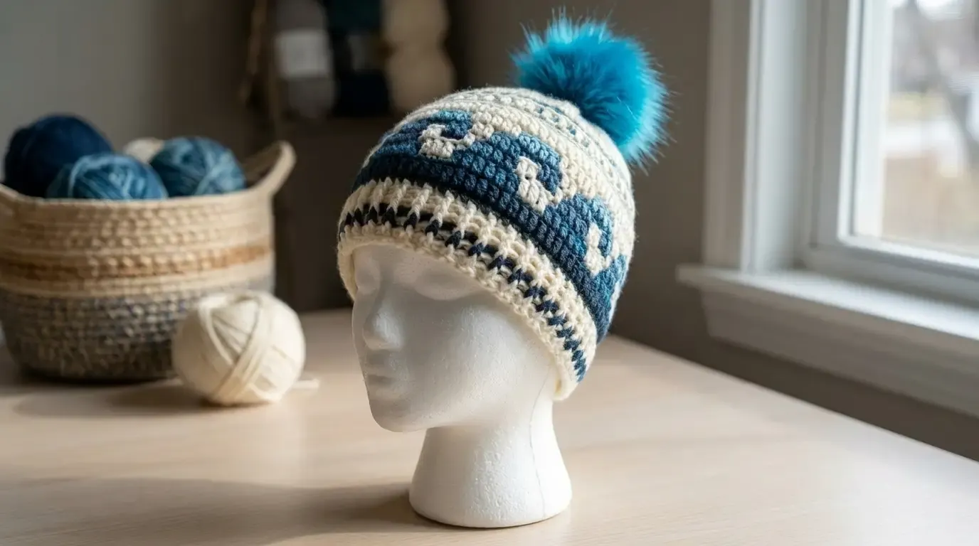 Cream and ocean-blue overlay mosaic crochet beanie with curling wave motifs, a two-color post-stitch brim, and an optional bright-blue pom-pom, displayed on a mannequin.