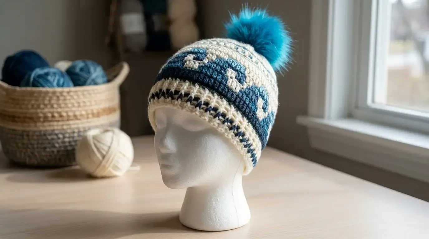 Cream and ocean-blue overlay mosaic crochet beanie with curling wave motifs, a two-color post-stitch brim, and an optional bright-blue pom-pom, displayed on a mannequin.