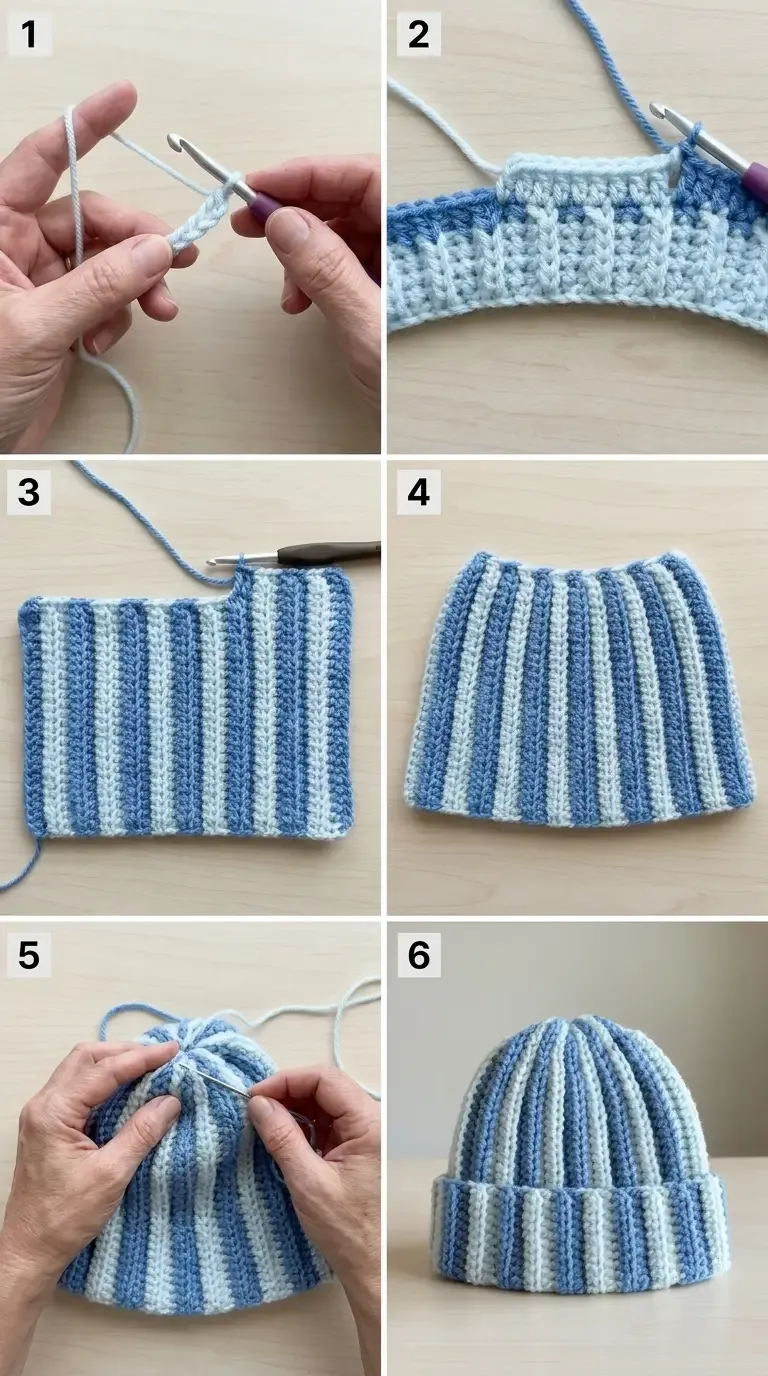Six construction stages for the blue-and-white sideways ribbed crochet beanie, showing the chain foundation, alternating back-loop rows, shaped flat panel, gathered crown, and folded cuff
