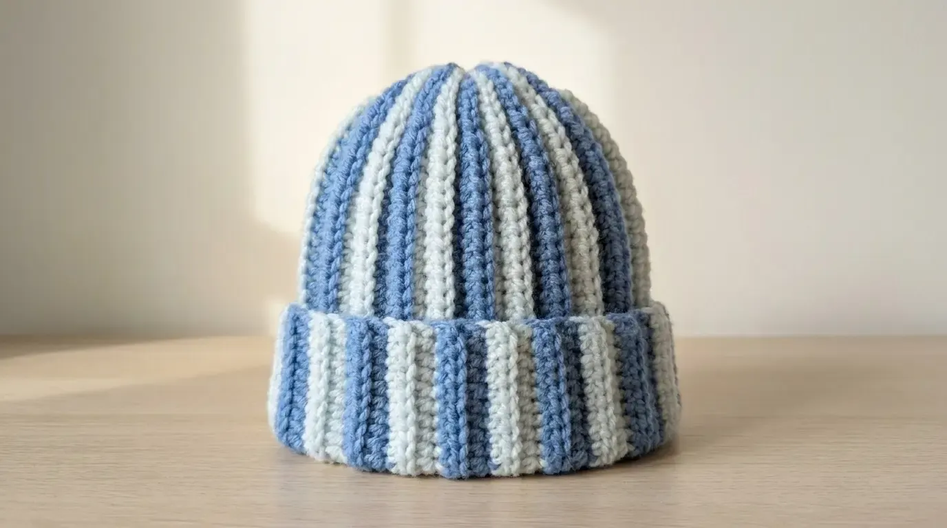 Finished blue-and-white striped crochet beanie with vertical ribbing, a smooth gathered crown, and a deep folded cuff