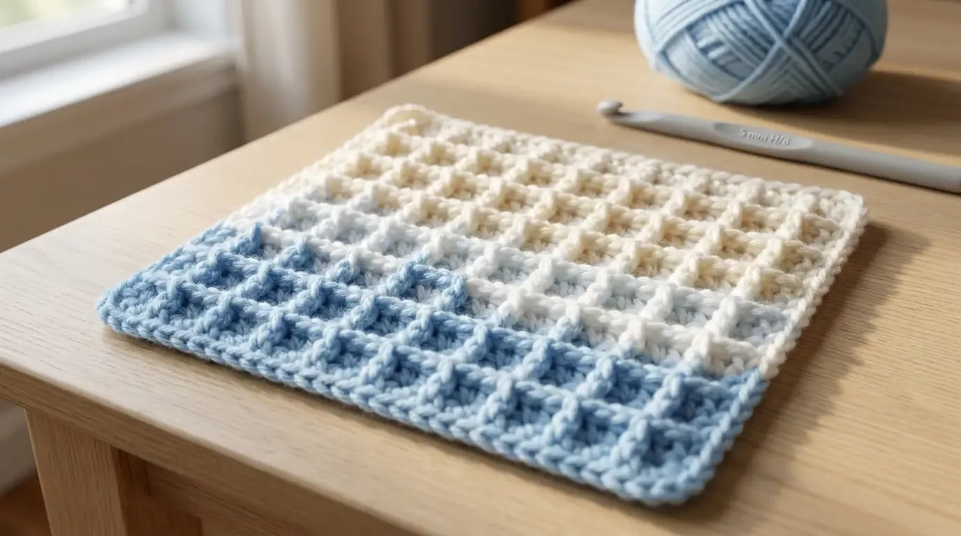 Blue and cream waffle-grid crochet swatch with raised checker texture and a light-blue lower section