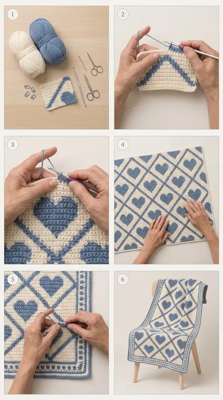 Six-step numbered guide to the Bluebell Heart Lattice blanket showing ivory and blue yarn, mosaic foundation, heart stitches, blanket panel, border, and finished blanket