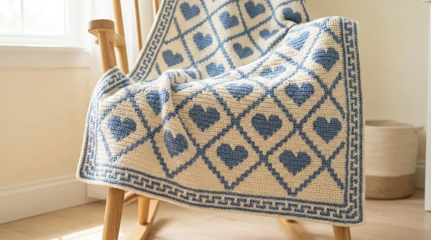Warm ivory crochet baby blanket with repeating dusty-blue hearts inside a stepped diamond lattice and a narrow blue geometric border draped over a wooden chair