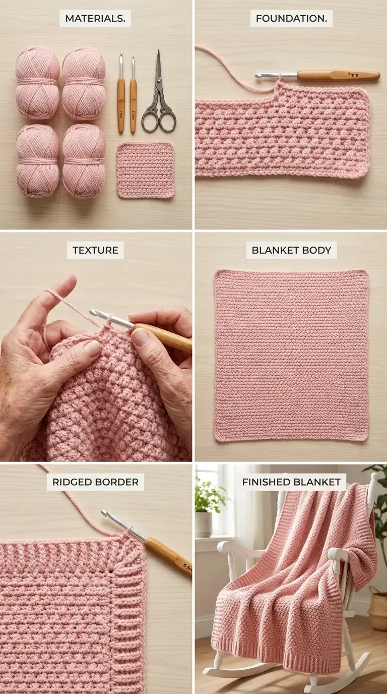 Construction overview of the Blush Pebble Baby Blanket showing yarn and tools, foundation row, alternating pebbled stitch, blanket body, ridged border, and finished blanket