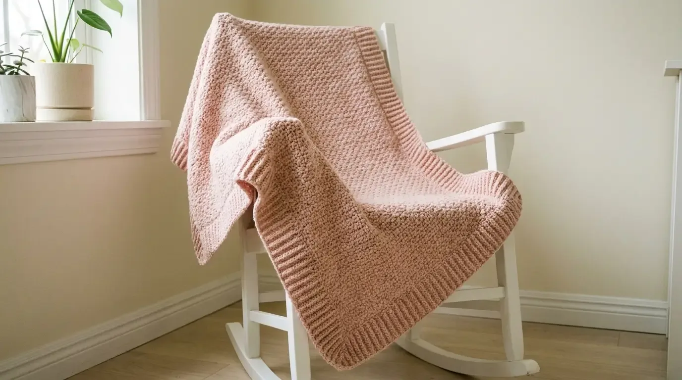 Blush pink pebbled crochet baby blanket with a wide ribbed border draped over a white rocking chair