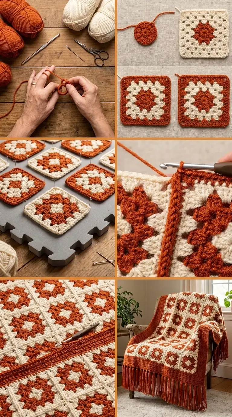 HookElla construction guide showing orange and cream granny motifs, blocking, raised orange joins, border, and fringed finished blanket