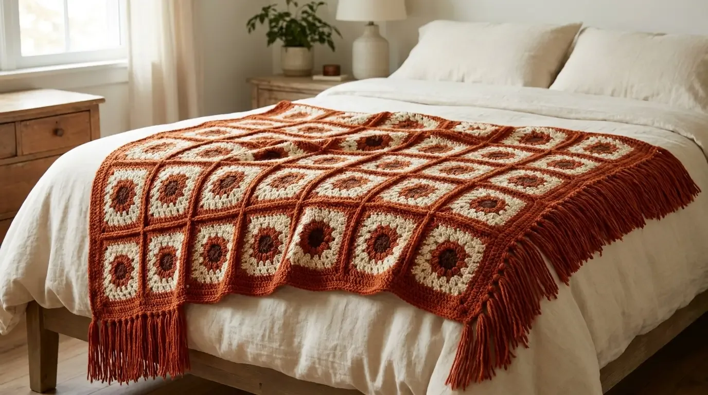Burnt orange and cream granny-square crochet blanket with raised grid seams and fringe draped across a bed