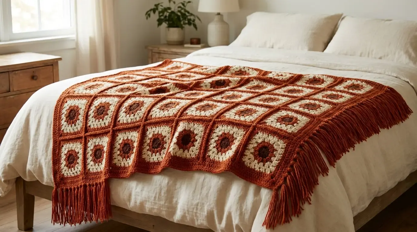 Burnt orange and cream granny-square crochet blanket with raised grid seams and fringe draped across a bed