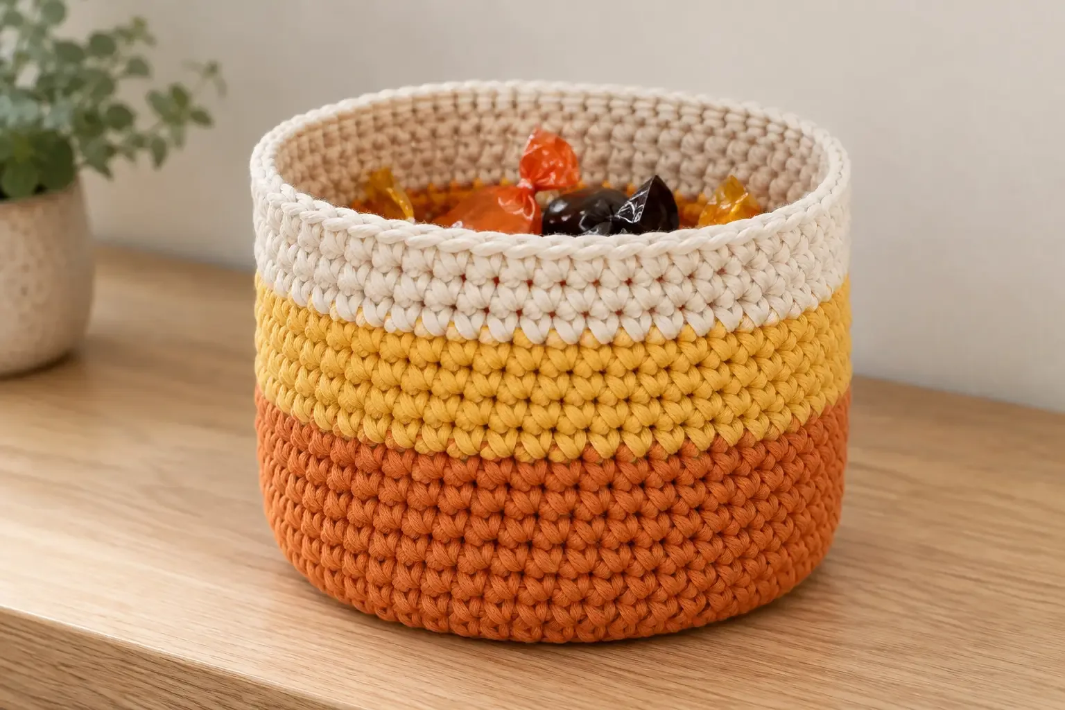 Open candy corn crochet catchall basket in pumpkin orange, golden yellow, and cream, filled with wrapped sweets