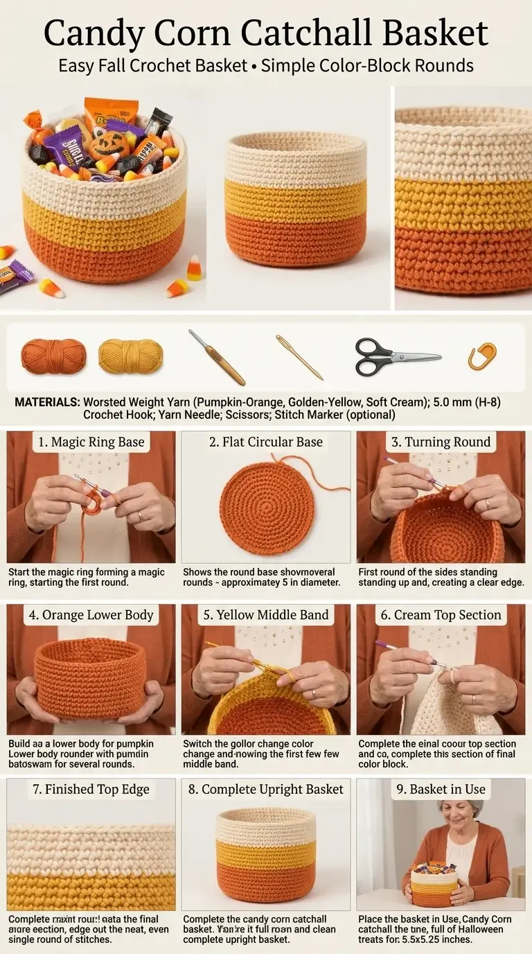 Construction guide for the candy corn catchall basket showing the circular base, turning round, color changes, finished edge, and basket in use