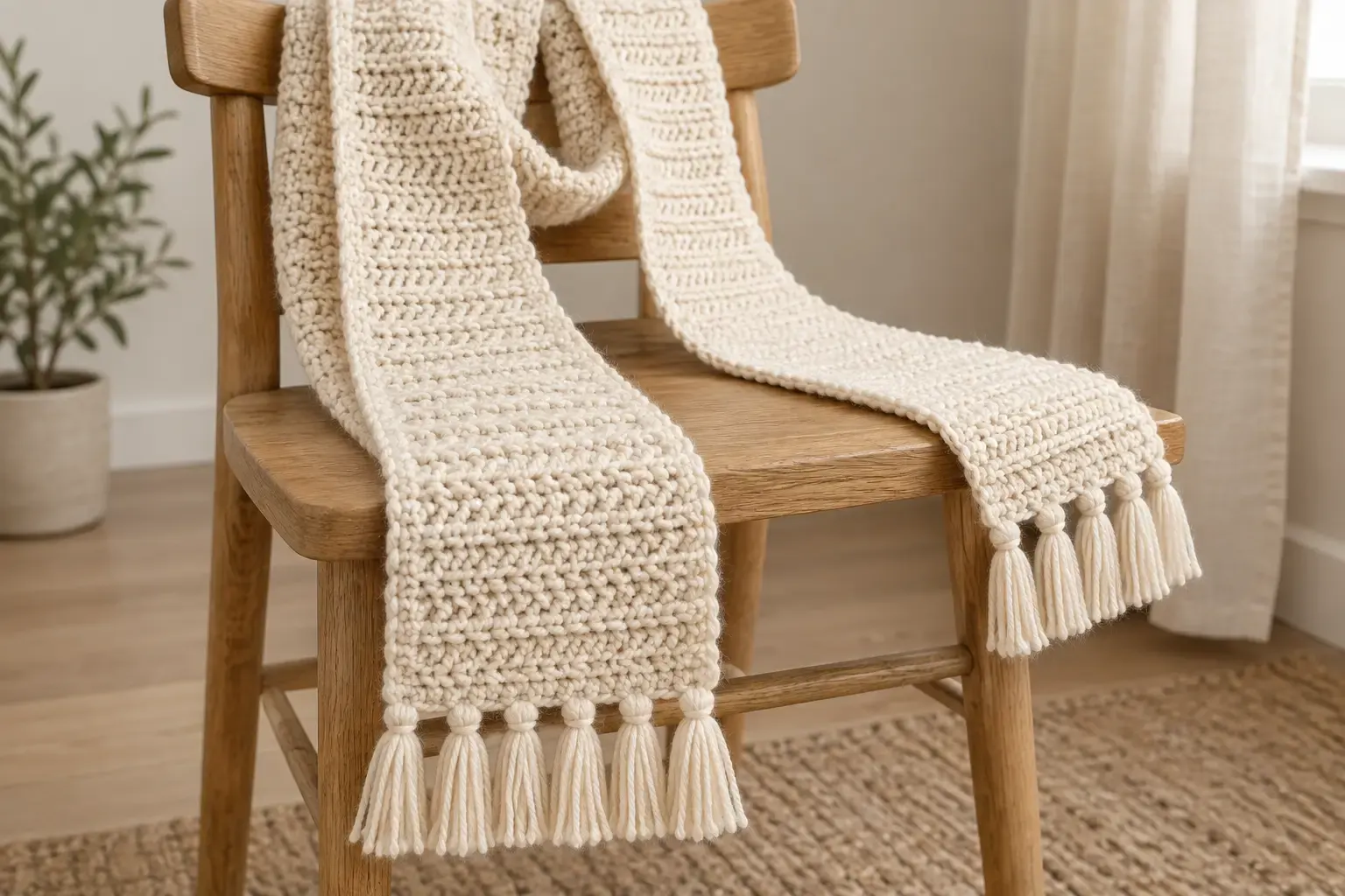 Soft champagne-white crochet scarf draped over a wooden chair with tassels at both ends