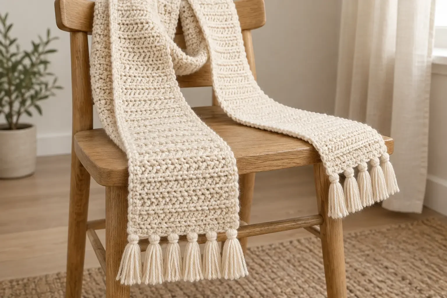 Soft champagne-white crochet scarf draped over a wooden chair with tassels at both ends