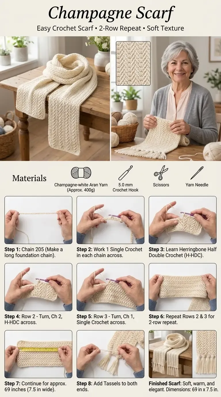 Step-by-step construction guide for the champagne crochet scarf showing the foundation chain, herringbone half double crochet rows, measuring, and tassel finishing