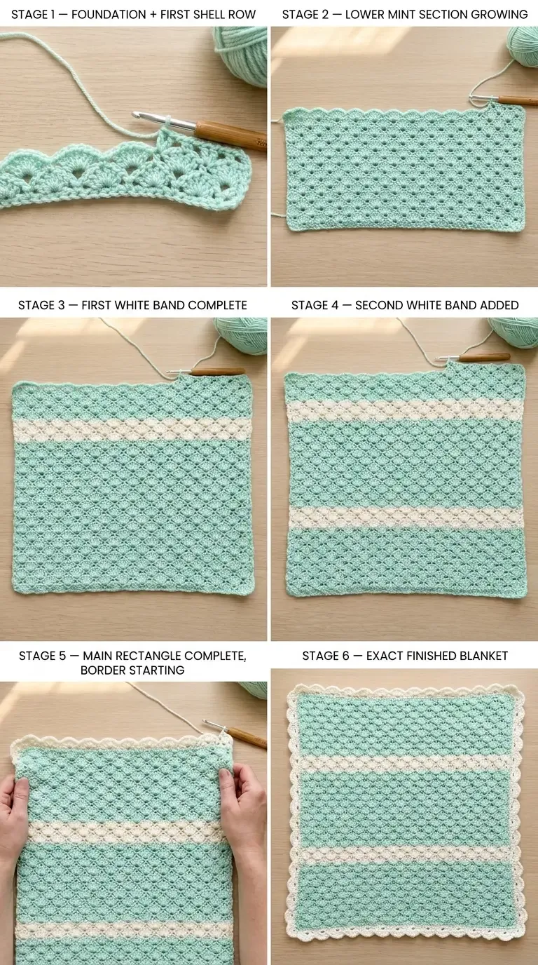 Construction overview of a mint shell-stitch baby blanket showing the foundation, two white bands, main rectangle, and scalloped border