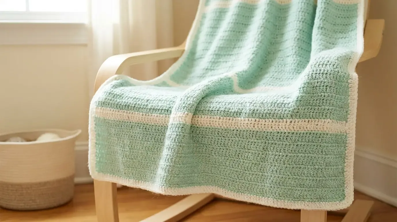 Pale mint crochet baby blanket with two white horizontal bands and a soft scalloped border draped over a light chair