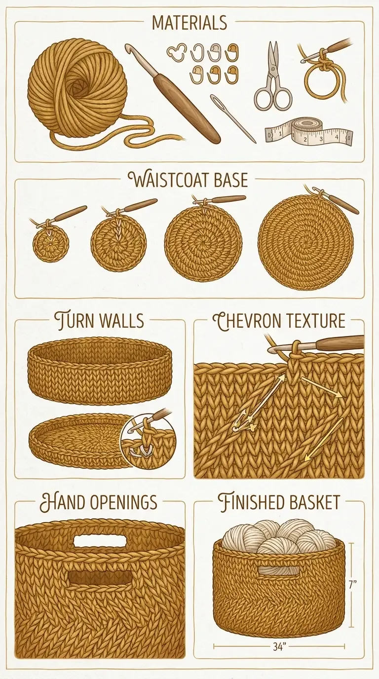 HookElla construction guide showing the chunky yarn, waistcoat-stitch base, turning round, diagonal chevron texture, handle openings, and finished basket
