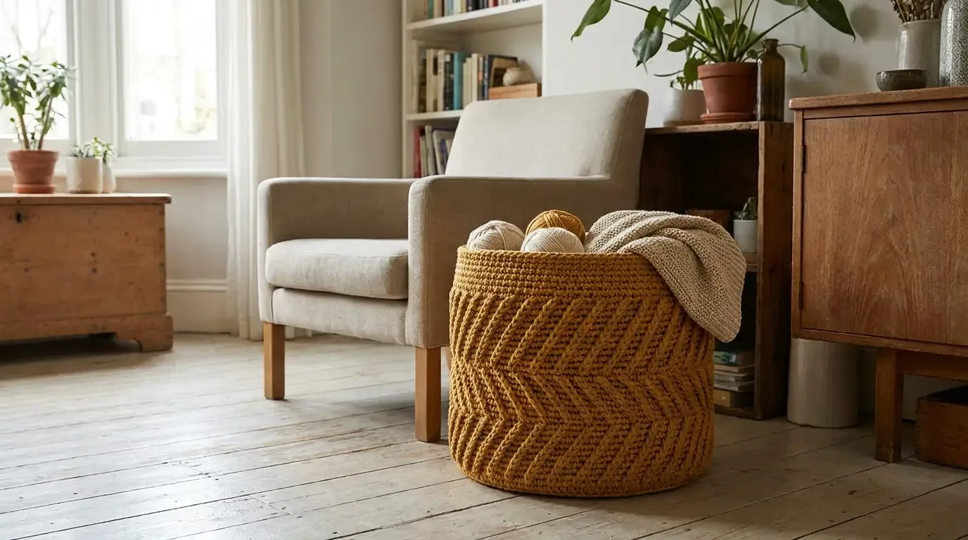 Mustard chunky crochet basket with diagonal chevron texture, integrated hand openings, yarn balls, and a folded blanket in a living room