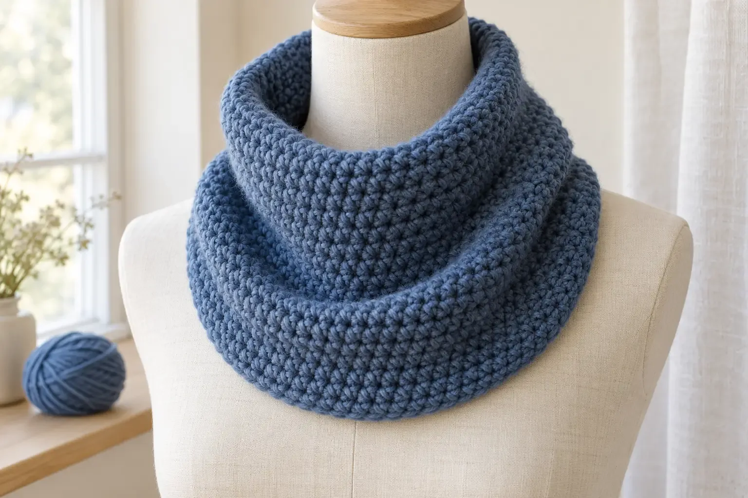 Finished chunky blue crochet cowl draped around a dress form with a matching ball of yarn nearby