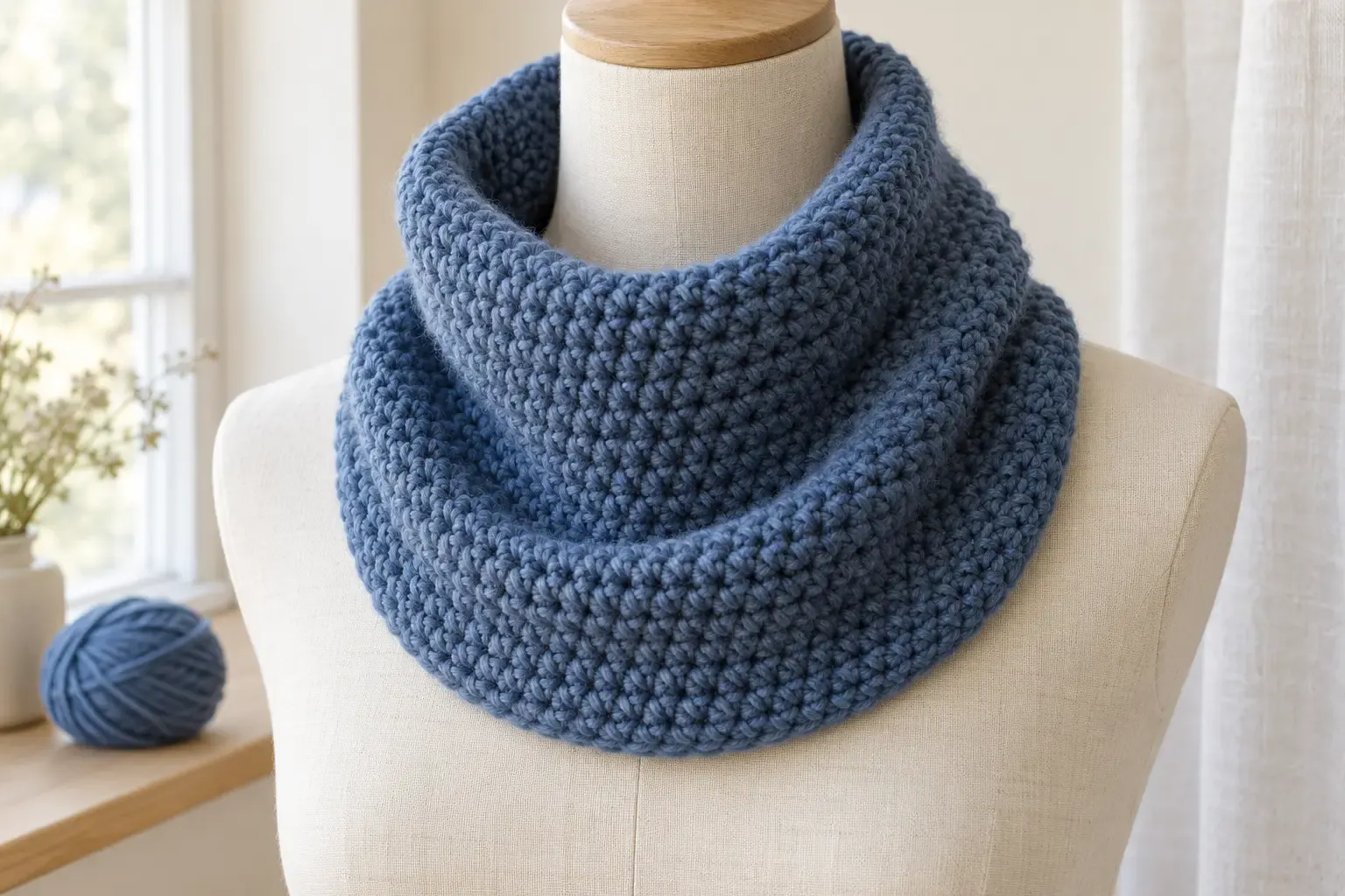 Finished chunky blue crochet cowl draped around a dress form with a matching ball of yarn nearby