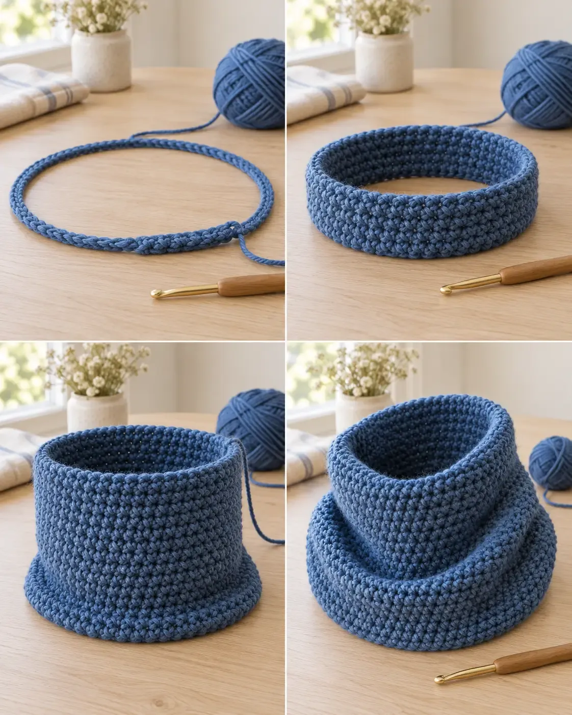 Construction stages showing the chunky crochet cowl worked from a foundation ring through its flared rounds