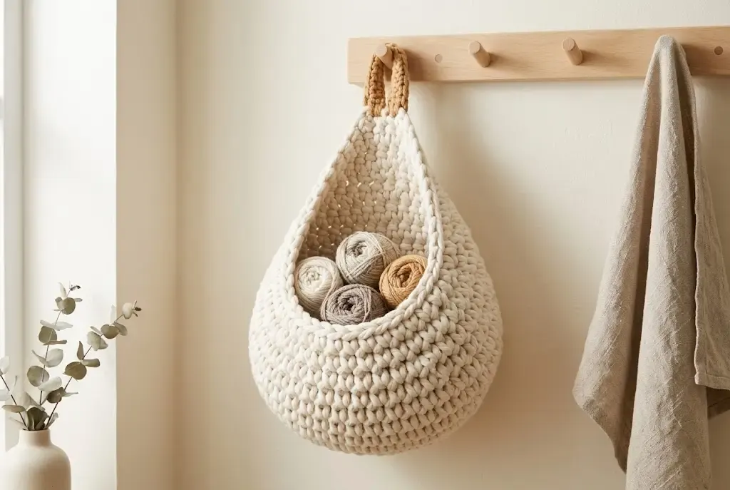 Chunky ivory crochet hanging basket filled with yarn balls and hanging from a wooden wall peg