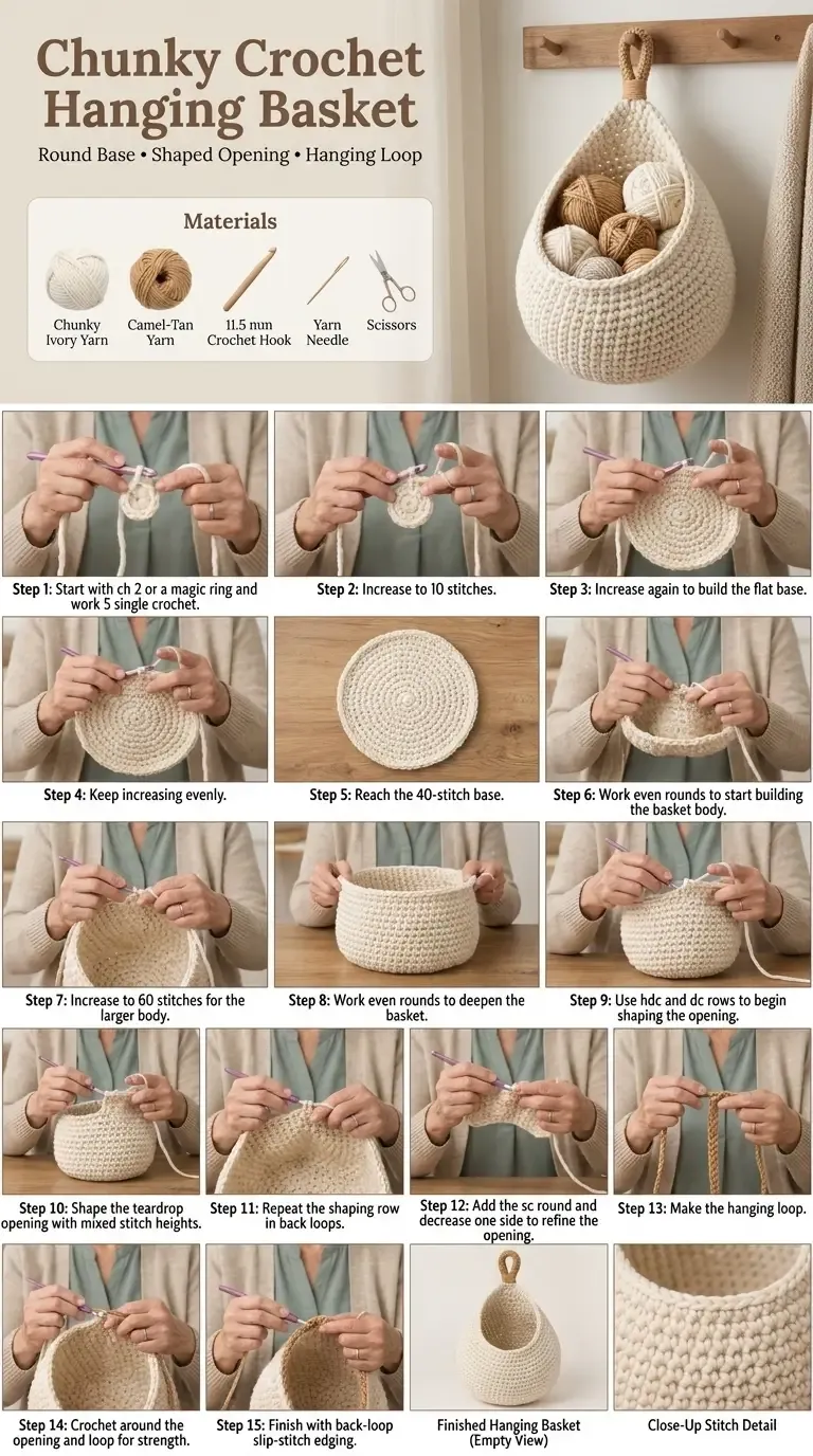 Construction guide for the chunky crochet hanging basket showing the round base, textured sides, shaped opening, color changes, and loop