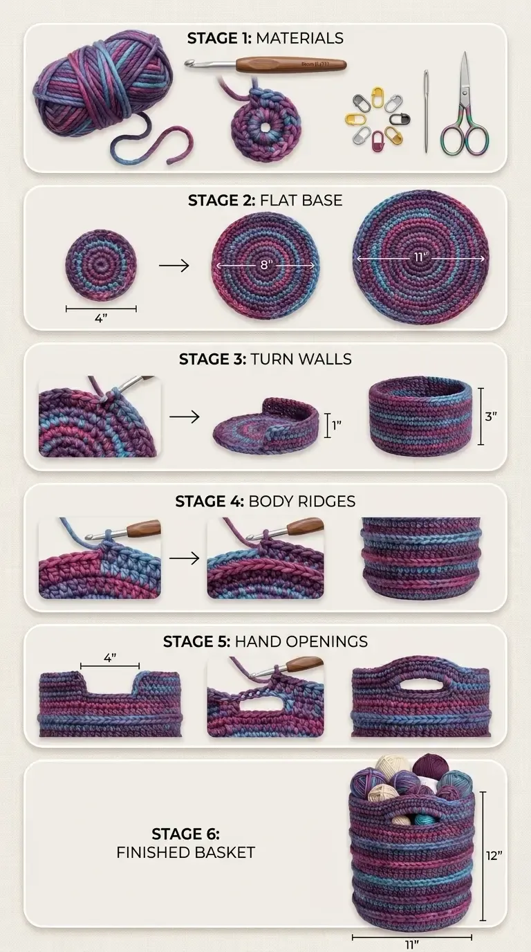 HookElla construction guide showing the circular base, turned walls, raised ridge rounds, four-inch hand openings, and finished twelve-inch basket