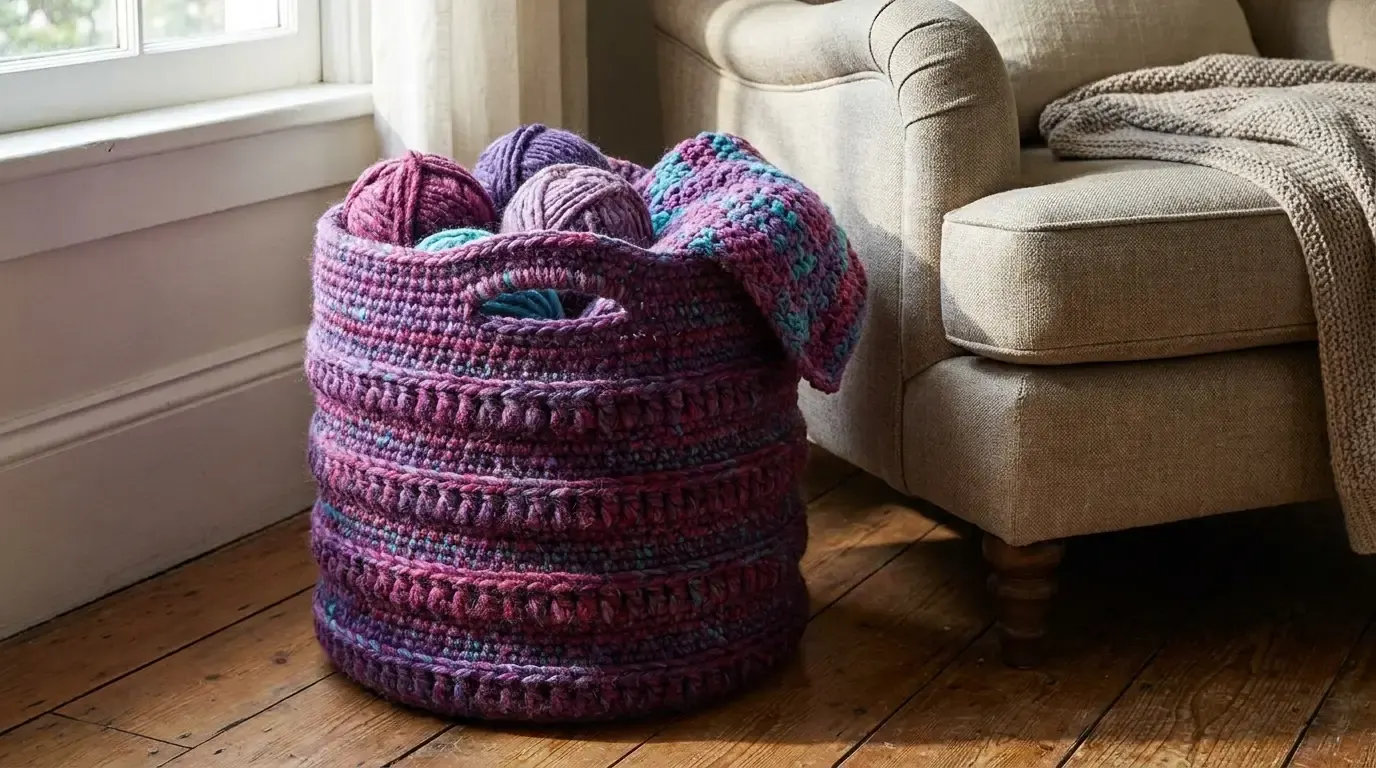 Purple, teal, and pink chunky ridge crochet storage basket filled with yarn beside a chair