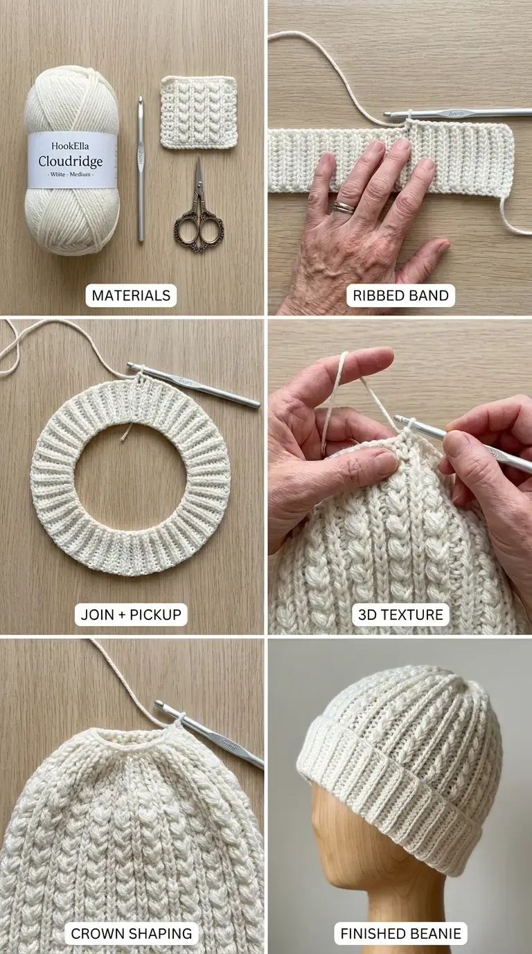 Six-step construction overview for the cream Cloudridge beanie, showing yarn and hook, ribbed cuff, joining and stitch pickup, raised texture, crown shaping, and finished hat