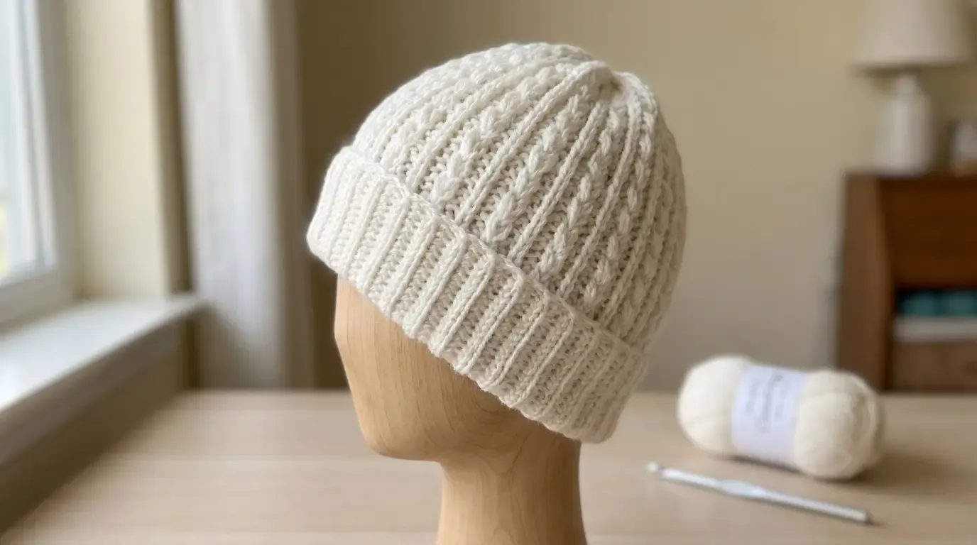 Cream Cloudridge crochet beanie with a folded ribbed cuff and raised vertical texture displayed on a wooden head form